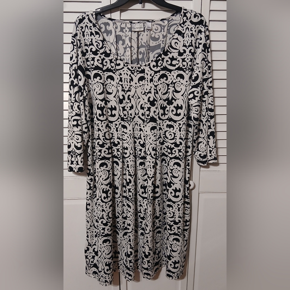 Kim Rogers Black and White Damask 3/4 Sleeve Dress, Women's Size Large